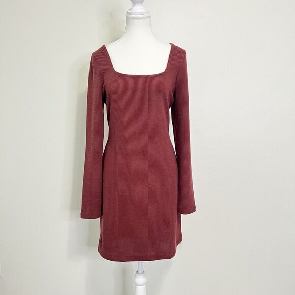 Madewell Dresses & Skirts - MADEWELL Ribbed Bodycon Mini Dress Large Red Knit Long Sleeve NI651 NEW